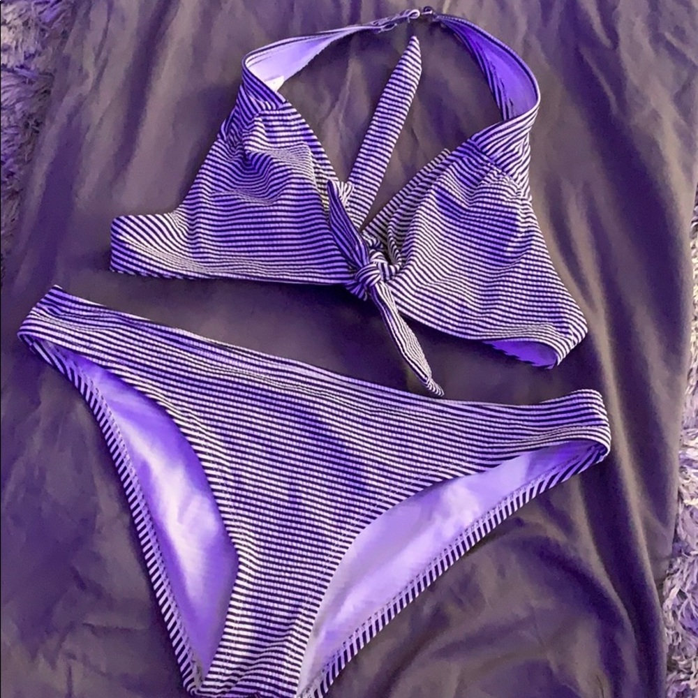 blue and white stripped bikini